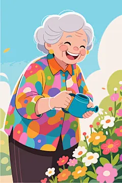 老奶奶在花园浇花插画