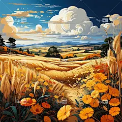 秋收田野，金色麦田，平面插图，手绘