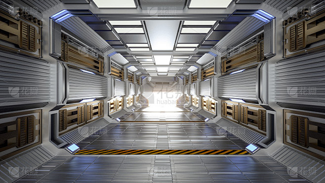 未来建筑科幻走廊和走廊室内，3D渲染