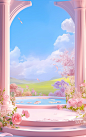 a 3d portrait background with flowers and pillars, in the style of childlike illustrations, windows vista, uhd image, pinkcore, lively nature scenes, pastel-colored scenes, resin