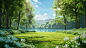 Green forest scene, small lawn in the middle, trees on both sides, clear lake behind, blue sky, fairy tale forest background, butterflies dancing, no shadows in the middle of the picture, uniform lighting, bright colors in the front, wide-angle lens, high