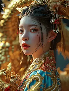 极致特写，金烫龙前站着一位中国美女海报