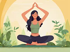 卡通手绘健身节插画夸张想象女士做瑜伽场景植物纯色背景插画海报人物插画运动健身体育
