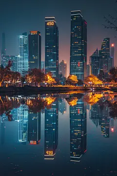 海滨城市高楼夜景效果摄影图