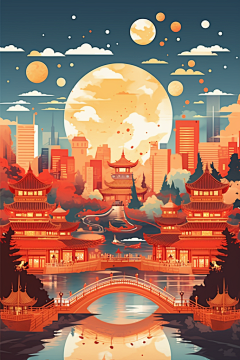 庆典国潮建筑漫画扁平风插画