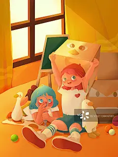 儿童玩耍治愈系温馨插画图片素材