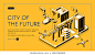 Smart technologies for future city citizen isometric vector web banner, landing page template. Flying taxi, postal drone, subway moving between skyscrapers on cellphone screen line art illustration