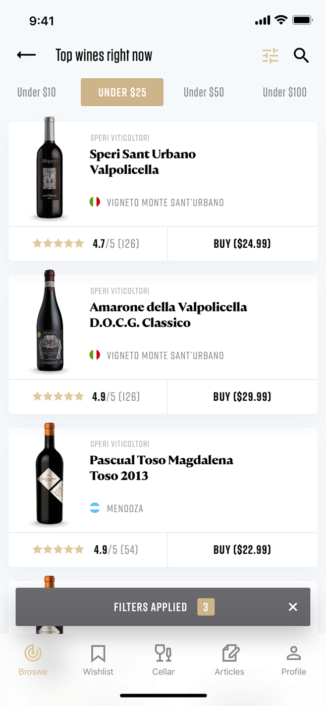 Wines list filters