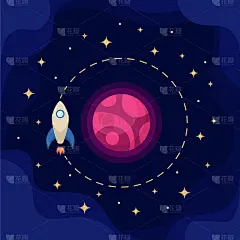 这颗带有火箭的粉红色行星被深蓝色背景上的恒星包围着。