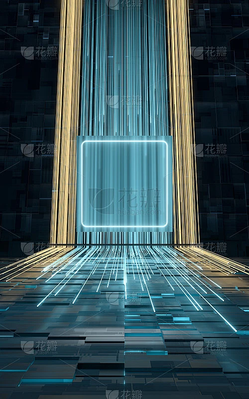 发光的线条和立方体与黑色背景，3d渲染。素材-花瓣网