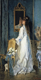 Alfred Stevens(1823.5.11 – 1906.8.24)，著名的比利时画家，成名于巴黎，以创作美丽的时髦女性为特点，他的画经常出现在当时巴黎的沙龙，他的画展总能吸引众多的艺术收藏者和买家，其中最著名的当属拿破仑三世，因此，他是一位收入颇丰的画家。