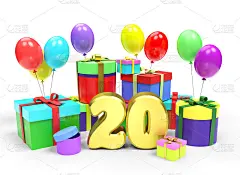 生日或纪念日快乐。金色数字20在许多明亮的多颜色的礼盒和节日气球在白色的背景。3 d渲染图像