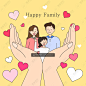 Y338幸福家庭合照花卉康乃馨桃心形Happy-Family-AI矢量插画素材