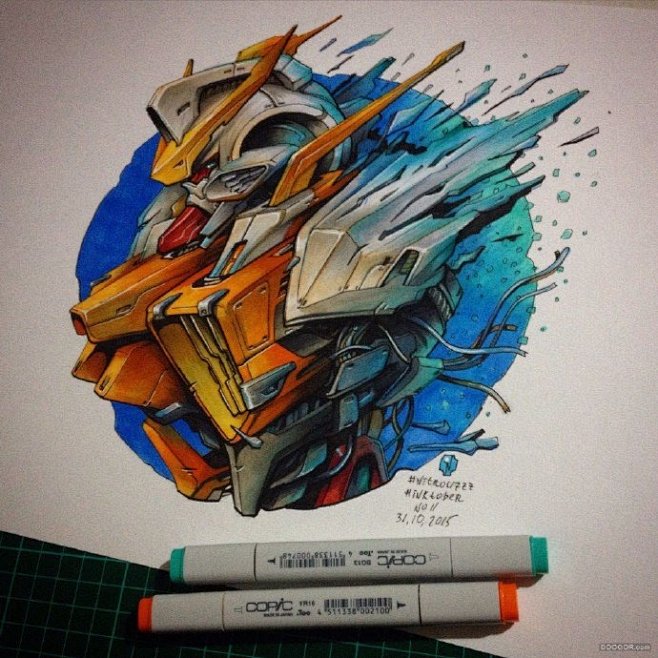 #灵感的诞生# 纸上的骷髅和机甲插画 。...