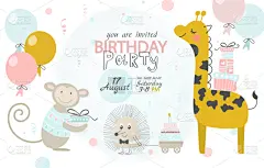 可爱的,请柬,生日,长颈鹿,刺猬,猴子,事件,周年纪念,问候