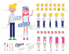正面, 侧面, 背面, 3/4 查看动画字符。男孩和女孩字符创作集, 各种观点, 唇同步, 面对情绪