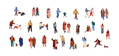 图源免费EPS文件 |Characters in winter set. Happy people walking on streets at wintertime, Christmas holiday. Families, children outdoors in cold weather. Flat graphic vector illustration isolated on white background
