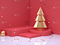 金树红色场景墙地板角落抽象最小圣诞假期新年概念3d渲染