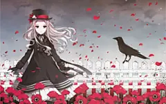 穿裙子的女孩,乌鸦,栅栏,花瓣,可爱动漫电脑壁纸