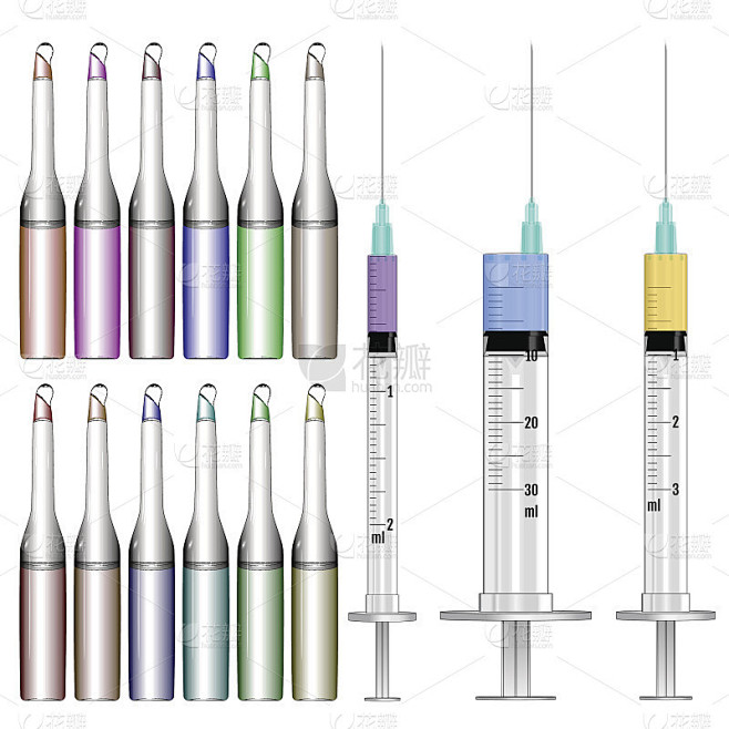 注射器和玻璃安瓿。药物治疗组。向量
