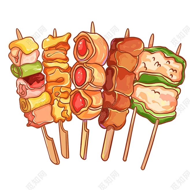 组合炸串烧烤串串香肉串丸子插画素材下载 - 觅知网-花瓣网