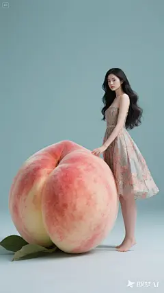 水果女士，水蜜桃，特别巨大的水果旁有一位美女，电影光效，纯色背景，优雅，绝美的脸，黑色的长发，壁纸，8K(30)