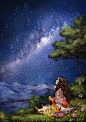 晴朗的夜空，满天的星星 ~ 来自韩国插画家Aeppol 的「森林女孩日记」系列插画。