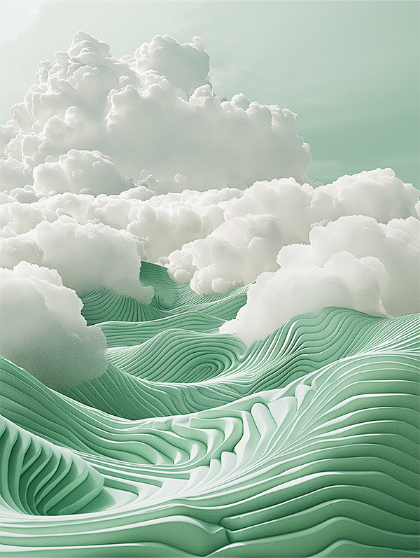 3D 景观，云雾环绕着茶山和茶园