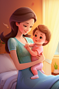 AI数字艺术卡通母乳喂养母婴温馨插画-众图网