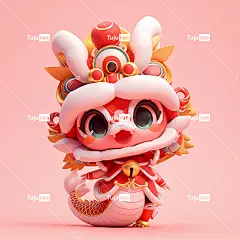 盲盒玩具可爱的小蛇宝宝，戴着传统舞狮帽，穿着红色服装海报