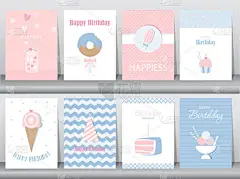 生日贺卡、 海报、 模板、 贺卡、 蛋糕、 冰淇淋、 矢量插图集