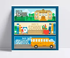 3款开学元素banner矢量图|开学,返校,校园,校车,banner,矢量素材,矢量图,AI格式,含JPG预览图。,教学楼,闹钟,书本,笔筒,苹果,铅笔,树木,教育,开学元素banner