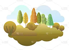 秋天的森林。平面风格象征插画。橙色、黄色和绿色的景观。农村的野生动物。有树的乡村景色。美丽的艺术照片
