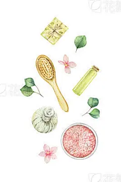 Watercolor vector Spa concept of cosmetic products.Watercolor vector Spa concept of cosmetic products and eucalyptus leaves isolated on white background. Illustration with accessories for beauty salon and Wellness center.
