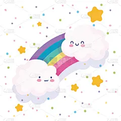 彩虹云星星点缀白色背景卡通装饰