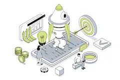 图源免费EPS文件 |创业业务的3D等距概念，采用轮廓等距设计，适用于网络。人们创建新项目、规划工作、吸引投资、实现创业抱负。矢量插画