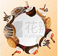 可爱的,面包店,边框,背景聚焦,蛋糕,食品,焦糖,模板,甜点心,圆形