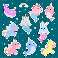 神奇的生物。独角鲸，独角兽美人鱼，兔子美人鱼，猫美人鱼飞马矢量插图