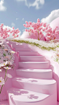 pink steps with flowers on the side of the road, in the style of rendered in cinema4d, organic biomorphic forms, temmie chang, kawaii, serene pastoral scenes, bunnycore, ambient occlusion