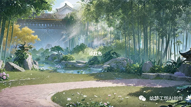 【绘梦工坊】AI绘画古风室外场景《逸庭》-花瓣网