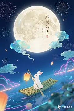 仰视视角中秋海报，琉璃材质巨型月亮表面雕刻_水调歌头_全文，半透明山水盆景悬浮空中，霓虹线条勾勒的玉兔手持发光灯笼划竹筏，工笔技法绘制的祥云与全息投影诗词交织，冷暖色调对比强烈，景深虚化处理 (1)