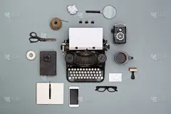 打字机,办公室,组物体,放大镜,格记录纸,水平画幅,档案,无人,古典式,电子商务
