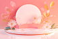 3d digital art illustration with a pink background with flowers and water, in the style of minimalist stage designs, circular shapes, joong keun lee, colorful cartoon, light orange and white, sheet film, selective focus