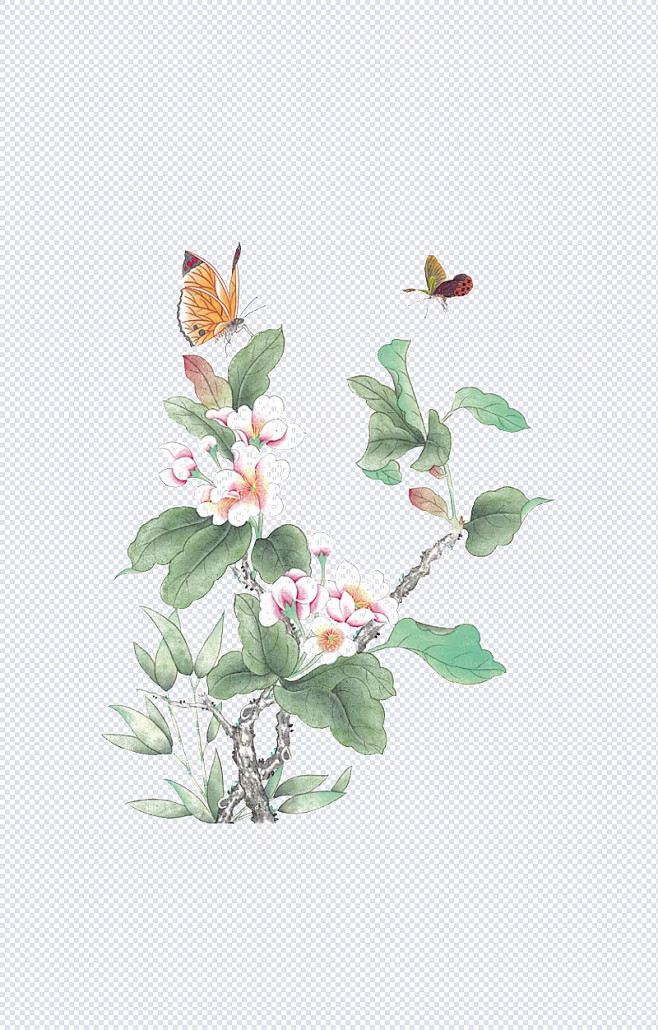 花枝|工笔画,树叶,蝴蝶,效果元素,设计...