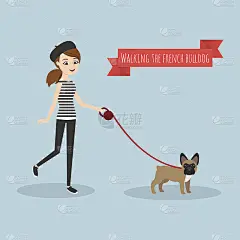 插图的年轻女孩走与她的法国斗牛