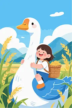 卡通骑着大白鹅的小女孩