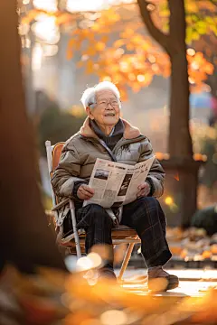 老年人生活规律阳光下看报图片