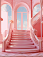 pink house with stairs and window, in the style of sci-fi baroque, romantic interiors, anime aesthetic, detailed marine views, light red and light gold, candycore, trompe l’oeil