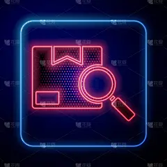 发光霓虹灯搜索包图标孤立在蓝色背景。包裹跟踪。放大镜和纸板箱。物流和交付。矢量图