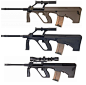 AUG是采用大量工程塑料的奥地利斯太尔公司生产的无托突击步枪，外观独特，AUG-A2从1997年开始生产，A2与A1的区别是：A2机匣上的瞄准镜可以卸去，换成一个北约标准M1913皮卡丁尼导轨。AUG没有快慢机，扳机扣一半就是半自动，扣到底就是全自动发射。后来斯太尔公司也生产出了使用M16标准弹夹的AUG。该自动步枪发射5.56mm口径NATO弹药.弹容量30发.CS俗称B-44. 